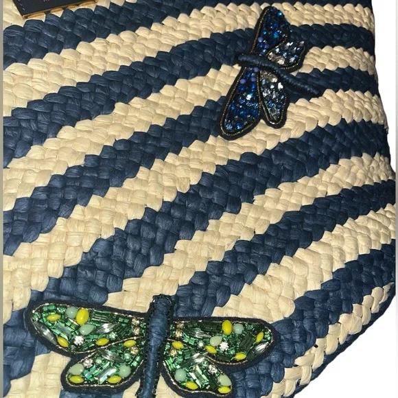 NWT! $378 kate spade Shore Thing Dragonfly Embellished Striped Straw Large Tote - Picture 11 of 17